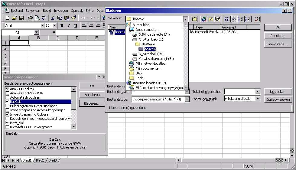 Aanmelden als invoegtoepassing Bij de installatie van BasReg wordt deze automatisch aangemeld als invoegtoepassing binnen Excel.