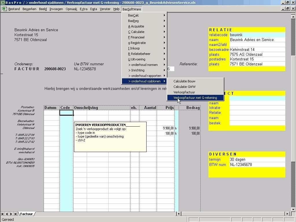 Starten BasSoftWare BasSoftWare wordt gestart vanuit Excel.