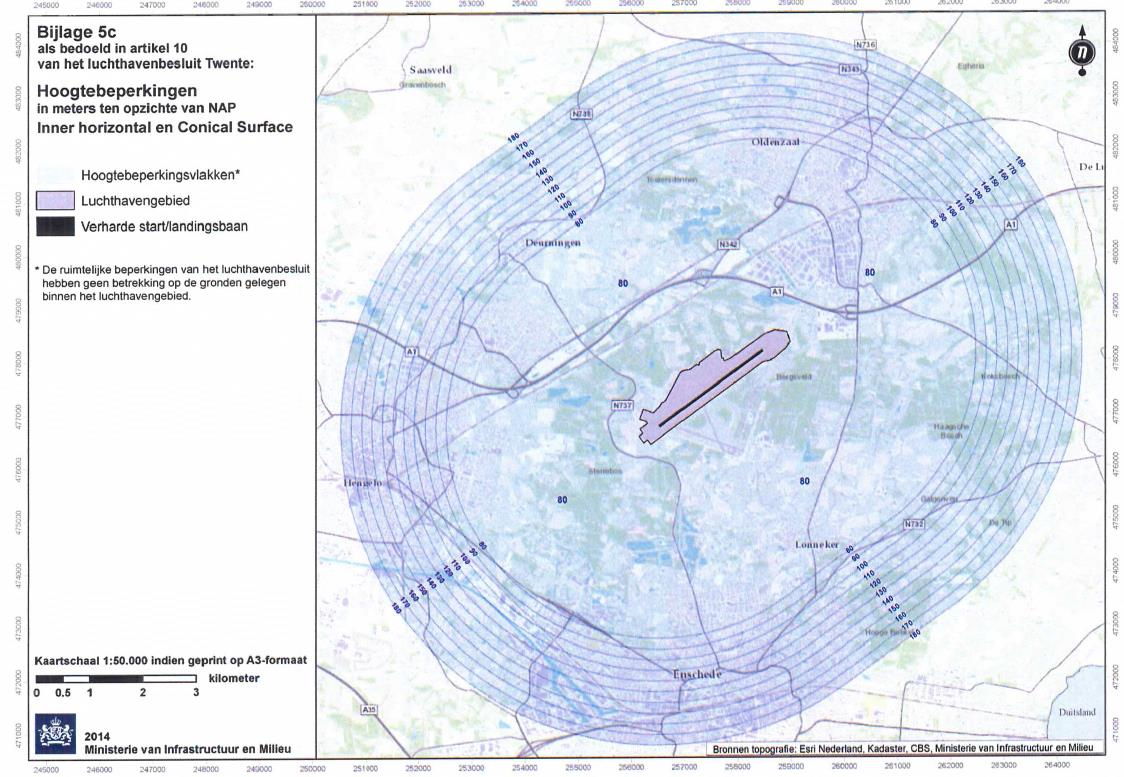 Kaartbijlage 5c van het Luchthavenbesluit en inschatting te kappen bomen Inschatting te vellen bos in verband met de Hoogtebeperking maten in meters geschatte maximale maximale maximale maximaal