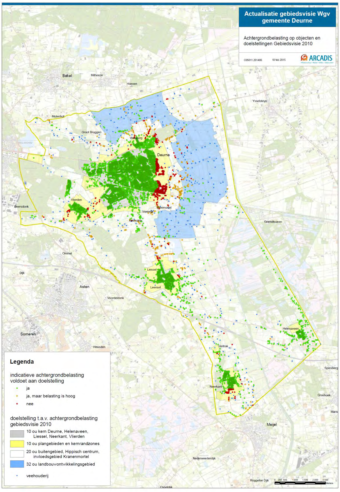 Figuur 18 Berekende geurbelasting (vergund 2015, achtergrond) vergeleken met de