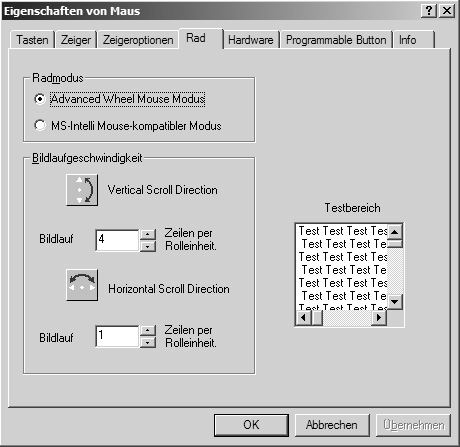 Tabblad Wiel Wielmodus Selecteer hier de Advanced Wheel Mouse Modus om de geavanceerde functies van het wiel te