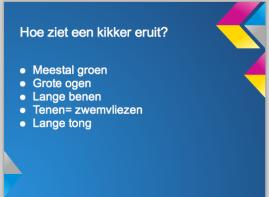 10. Een presentatie bestaat uit verschillende dia s. Klik op het plusteken om een nieuwe dia toe te voegen. Vul nu ook bij je tweede titel een titel in bv. Hoe ziet een kikker eruit? 11.