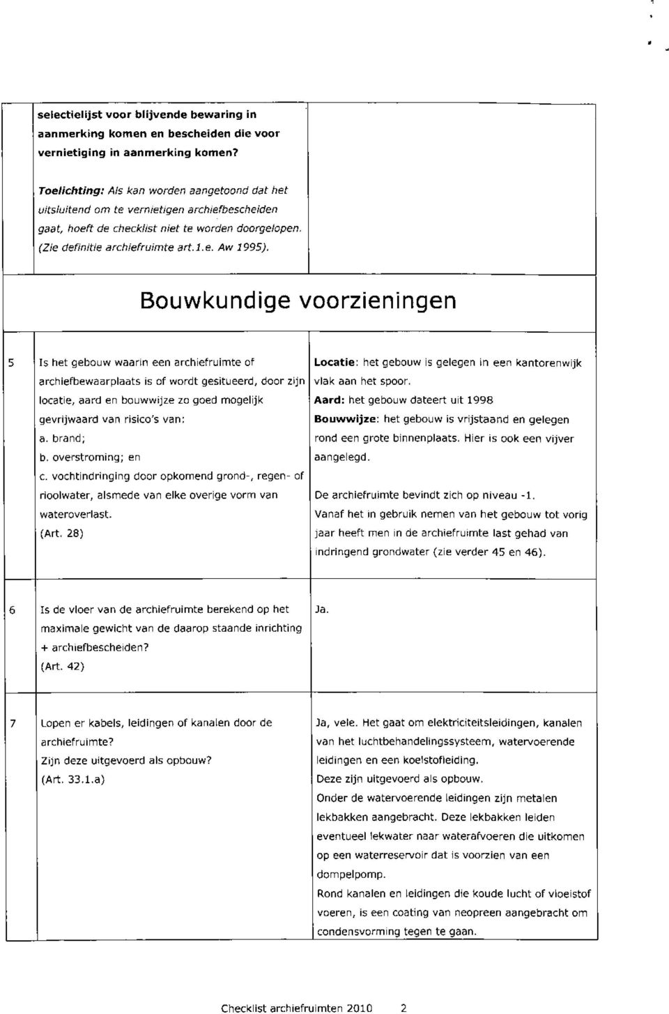 Bouwkundige voorzieningen 5 Is het gebouw waarin een archiefruimte of archiefbewaarplaats is of wordt gesitueerd, door zijn locatie, aard en bouwwijze zo goed mogelijk gevrijwaard van risico's van; a.