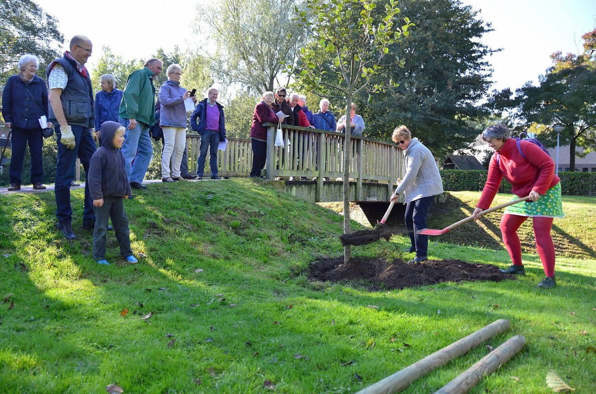 bijzijn van een twintigtal leden van de Protestantse gemeente en de Lutherse gemeente, samen met dominee Heins en dominee Vos twee appelbomen geplant op het