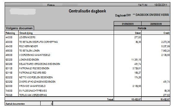 Proefafdruk dagboeken (P3311) Rapportspecificaties B Afdruk voorbeeld Indien de velden correct ingevoerd zijn krijgt u de gegevens die voldoen aan de door u bepaalde selectie