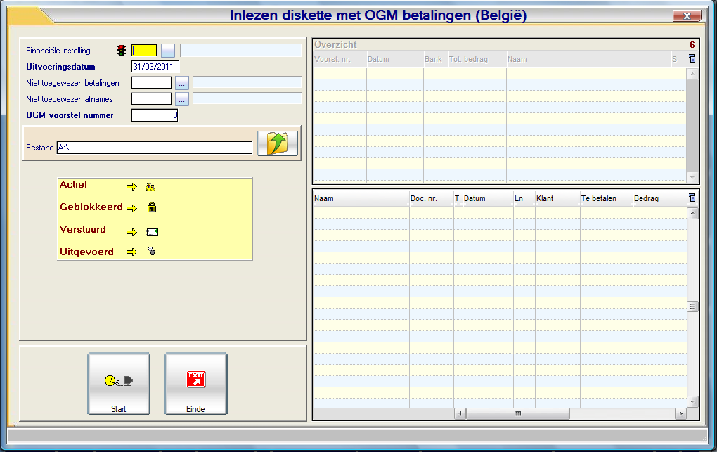 Basisprincipe Inlezen diskette OGM betalingen (P3421) Alle betaling met OGM code (of ondernemingsnummer) in de gestructureerde mededeling worden automatisch ingelezen en mogelijk verwerkt De