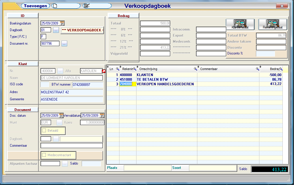 Basisprincipe Verkoopdagboek (P3110) Opnemen van de uitgaande documenten in de boekhouding De gegevens worden verwerkt per klantnummer en centralisatierekening toegekend in het programma P9430