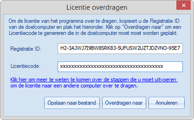 3. Kopie er de Registratie ID die wordt weergegeven op de doelcomputer in het veld van de registratie ID op de broncomputer. 4. Om uw Licentiecode te krijgen, klikt u op Transfer op de broncomputer.