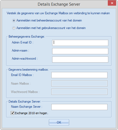 6. Voer de vereiste gegevens van de Exchange Mailbox in hun respectieve gebieden om verbinding te kunnen maken met uw mailbox op de Exchange