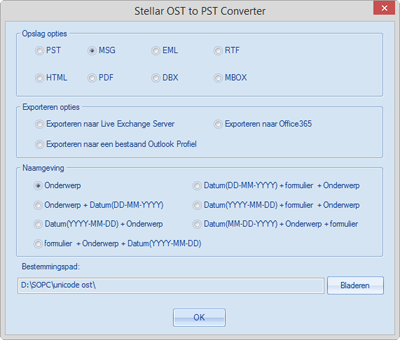 Bestanden opslaan met behulp van Naam Conventie Met Stellar OST to PST Converter - Technician kunt u de herstelde bestanden opslaan in de formaten MSG, EML, RTF, HTML en PDF.