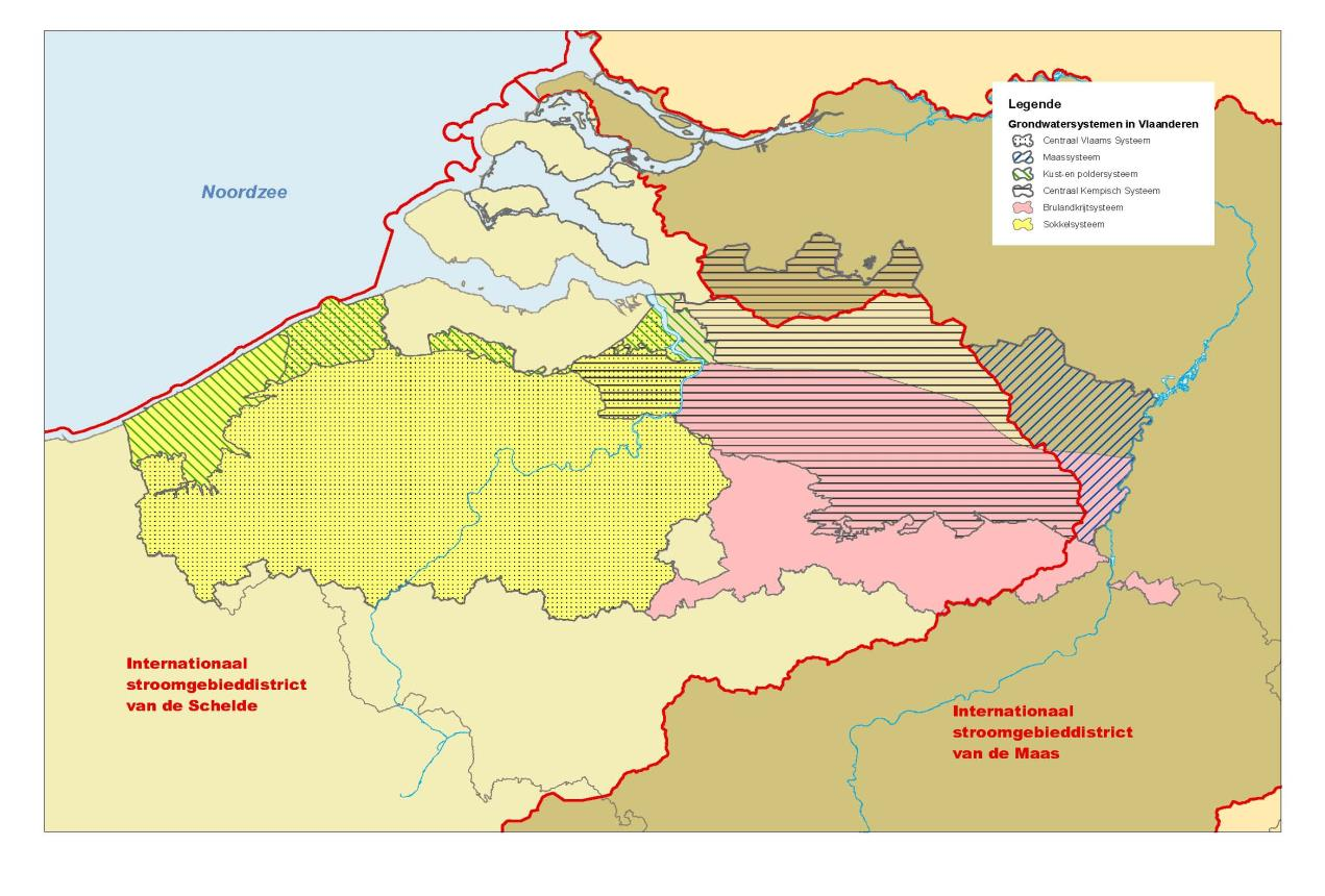 Figuur 3: Grondwatersystemen in Vlaanderen Ieder systeem is verder opgedeeld in grondwaterlichamen. Grondwaterlichamen vormen een afzonderlijke grondwatermassa in één of meer watervoerende lagen.