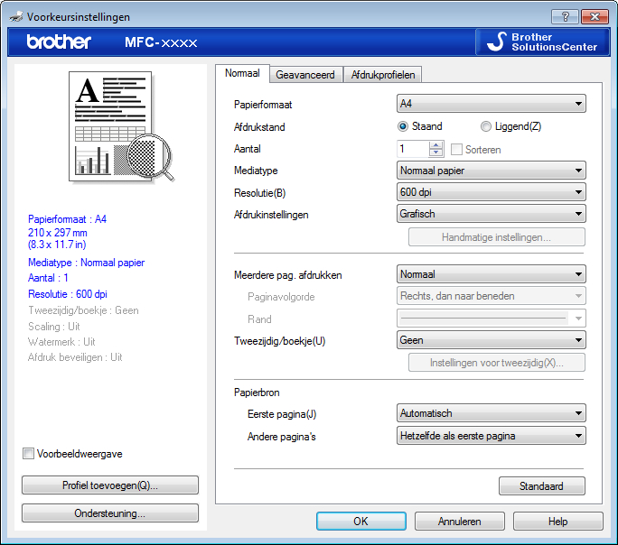 6 Selecteer Brother MFC-XXXX series (waarbij XXXX de naam is van uw model) en klik vervolgens op de knop afdrukeigenschappen of voorkeuren. Het venster van de printerdriver verschijnt.