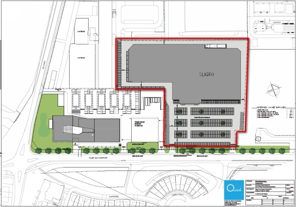 1.3 VOORGENOMEN INGREEP EN ONTWIKKELING Zoals in onderstaande afbeelding te zien zal een groot deel van het perceel bebouwd worden met het complex van de Sligro vestiging.