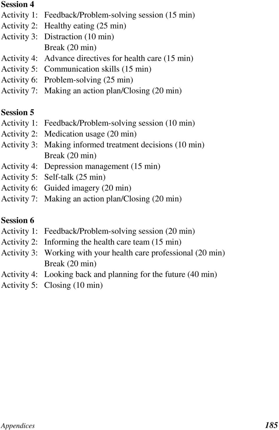 Activity 2: Medication usage (20 min) Activity 3: Making informed treatment decisions (10 min) Break (20 min) Activity 4: Depression management (15 min) Activity 5: Self-talk (25 min) Activity 6: