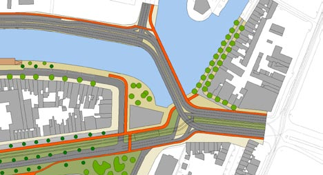 GASMETERLAAN NIEUWE VAART NEUSEPLEIN: HERINRICHTING Door de afbraak van de Tolhuisbrug komt ruimte vrij aan het eind van de Gasmeterlaan voor de creatie van een verblijfsruimte aan het water.