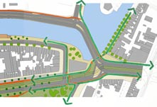 BRUGGEN NAAR RABOT+ HET NEUSEPLEIN ALS STEDELIJK KNOOPPUNT Het eerder voorgestelde stadsontwerp voor het Neuseplein (zie hoofdstuk 4) transformeert het plein van een ongedefinieerde verkeersruimte