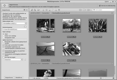 Windows 5 Klik op [Mediabestanden naar lokale schijf importeren]. MediaImpression 2.0 for PENTAX wordt gestart en het importscherm verschijnt. 6 Selecteer de opname die u wilt importeren.