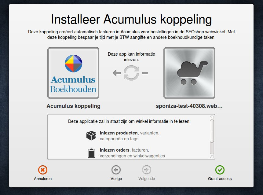 2 Hoe leg je de koppeling? De koppeling tussen SEOshop en Acumulus kan gelegd worden vanuit het AppCenter van SEOshop. Klik op de icoon, dan krijg je het volgende scherm te zien: Fig.