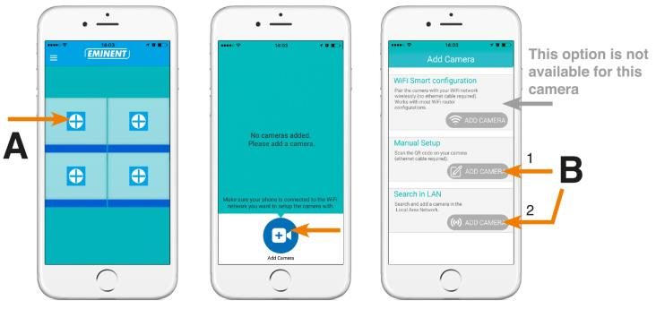 11 NEDERLANDS 2.5 Installeren/verwijderen van de camera in de Apple of Android APP 1. Open CamLine Pro. 2. Klik op de + (A). 3. Kies Handmatig toevoegen. 4.