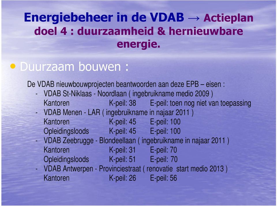 E-peil: toen nog niet van toepassing - VDAB Menen - LAR ( ingebruikname in najaar 2011 ) Kantoren K-peil: 45 E-peil: 100 Opleidingsloods K-peil: 45 E-peil: