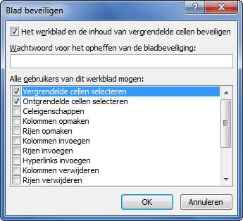 Werkblad beveiligen Een werkblad kan beveiligd worden zodat gebruikers geen ongewenste wijzigingen kunnen aanbrengen. Standaard zijn alle cellen in een werkblad vergrendeld.