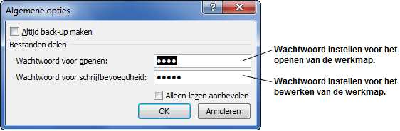 Werkmap beveiligen voor openen of bewerken Een werkmap kan beveiligd worden voor openen en/of bewerken met een wachtwoord.