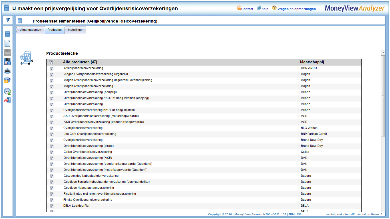 2.3. Het tabblad Producten In het tabblad Producten kiest u welke producten u meeneemt in de vergelijking.