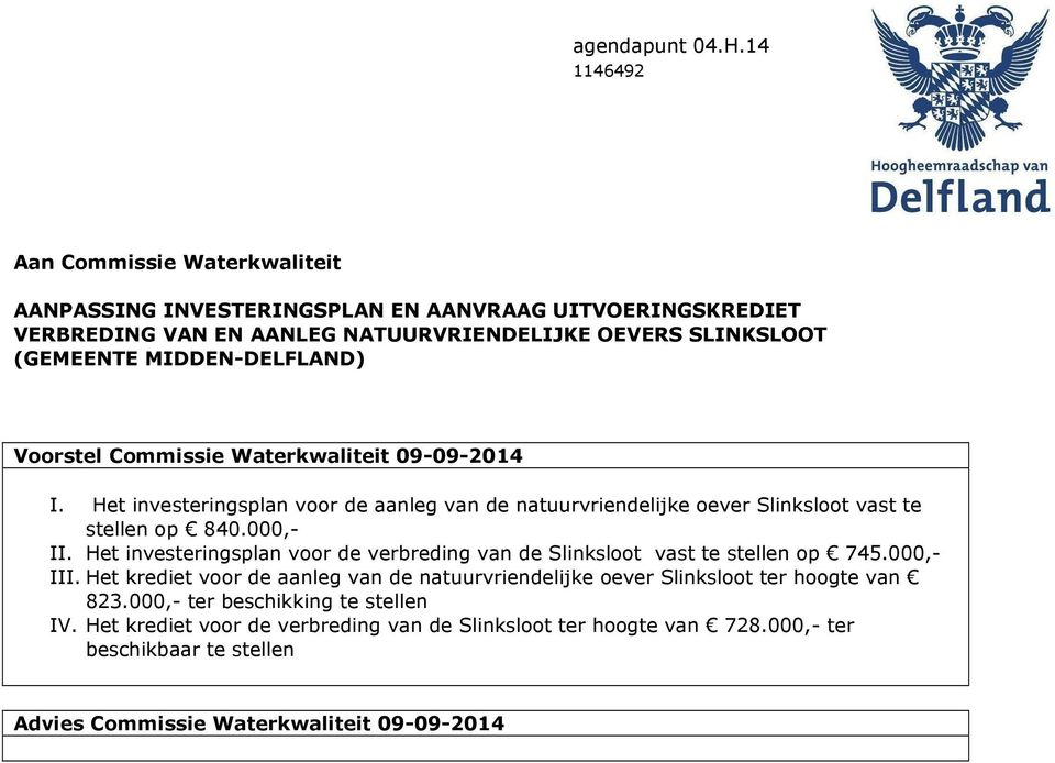 MIDDEN-DELFLAND) Voorstel Commissie Waterkwaliteit 09-09-2014 I. Het investeringsplan voor de aanleg van de natuurvriendelijke oever Slinksloot vast te stellen op 840.000,- II.