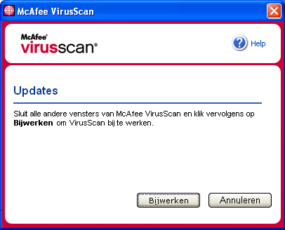 VirusScan bijwerken Als er geen updates beschikbaar zijn, krijgt u het bericht dat VirusScan up-to-date is. Klik op OK om het dialoogvenster te sluiten. Afbeelding 2-16.