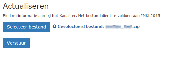 De naam van het bestand wordt naast de knop Selecteren bestand getoond ter verificatie. Ook ziet u dat er een nieuwe knop verstuur te zien is (zie afbeelding hieronder).