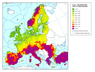 Figuur 1. Opwekkingskosten voor windenergie in Europa 2020 Deze kaart is samengesteld uit verschillende parameters die invloed hebben op de kosten, zoals de meteorologische omstandigheden.