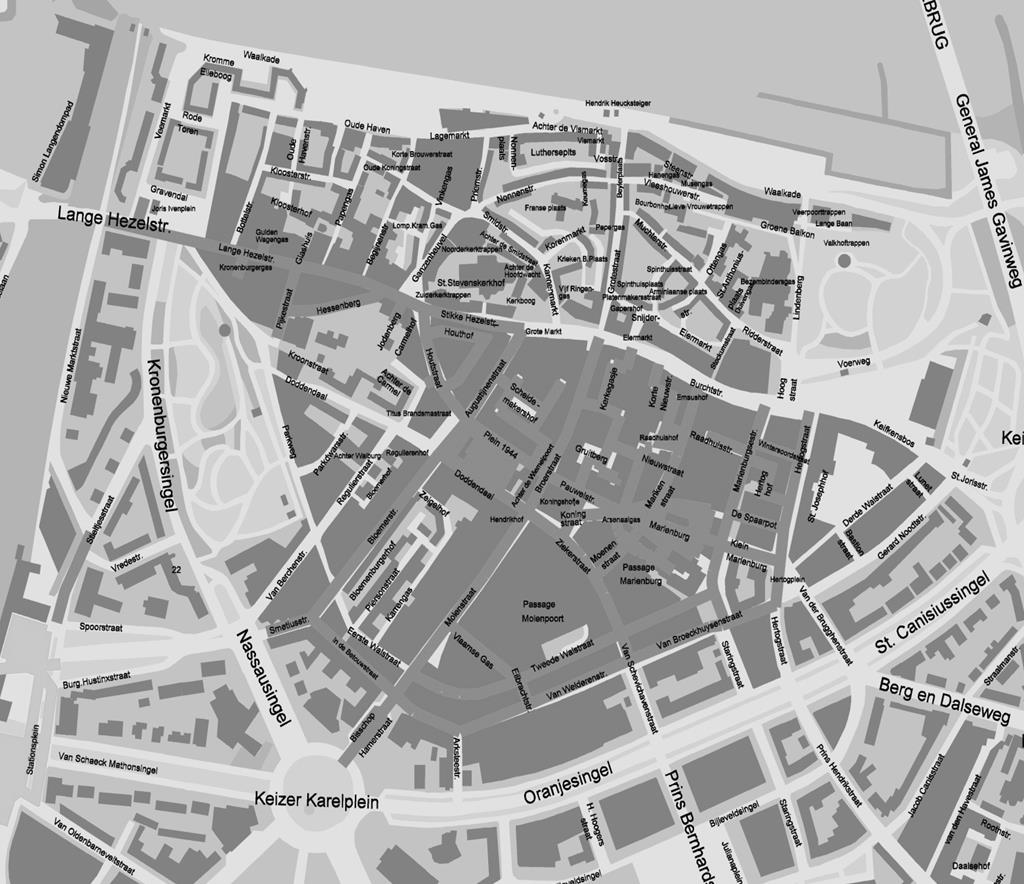 In de binnenstad zijn 4 logische zones onderscheiden: het kernwinkelgebied, de oostkant van de stad, de westkant en de zuidkant/ringstraten.
