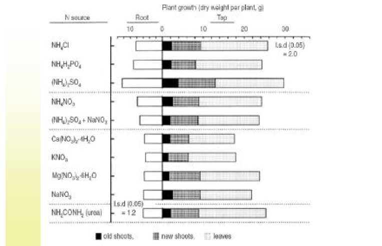 Figuur 7: Relatie plantgroei-ph (Tamada, Japan 2004) Voor een ph-waarde tussen 4 en 5 gelden voor de afzonderlijke bronnen van stikstof de in figuur 8 getoonde groeisnelheden.