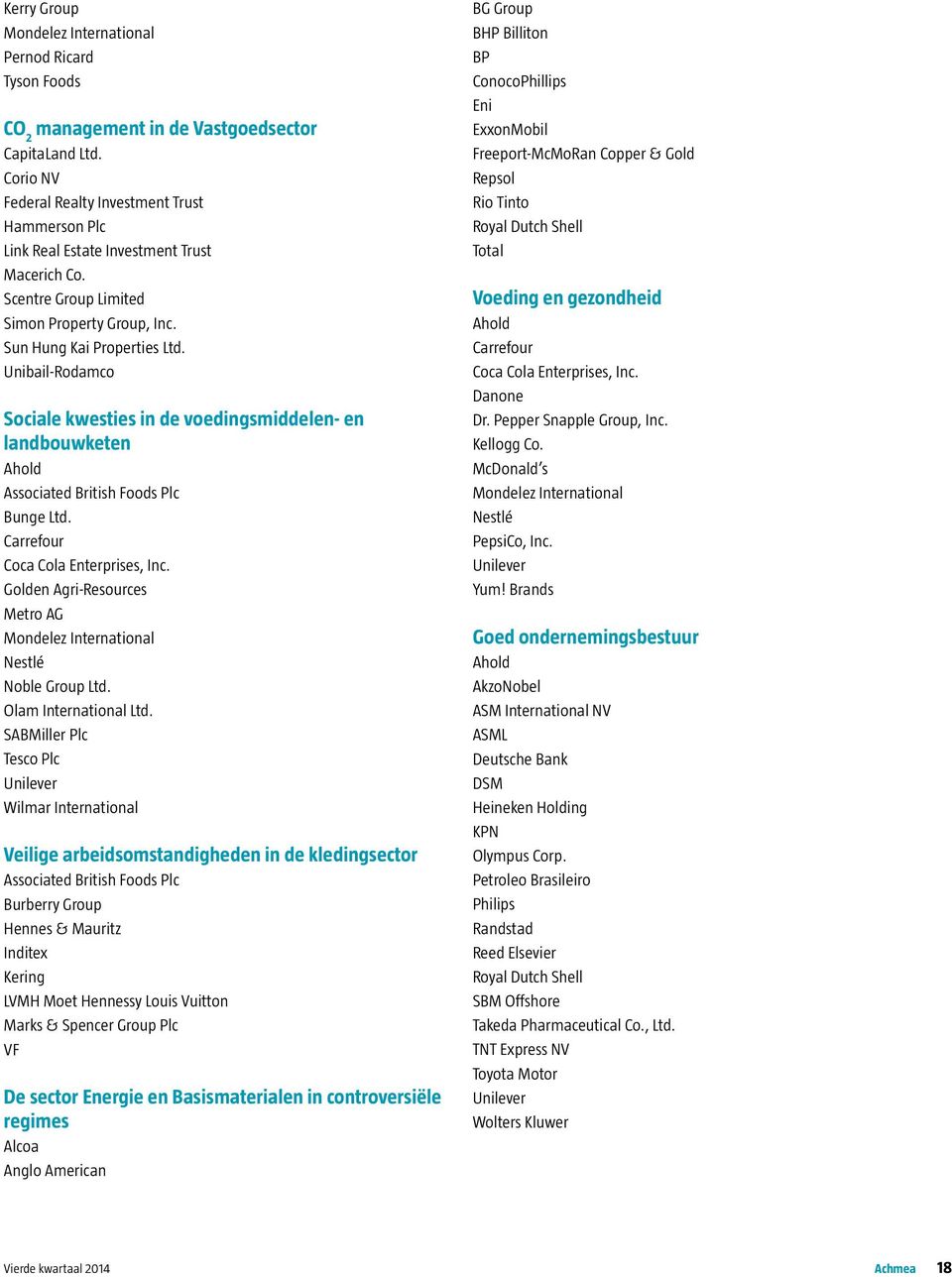 Unibail-Rodamco Sociale kwesties in de voedingsmiddelen- en landbouwketen Ahold Associated British Foods Plc Bunge Ltd. Carrefour Coca Cola Enterprises, Inc.