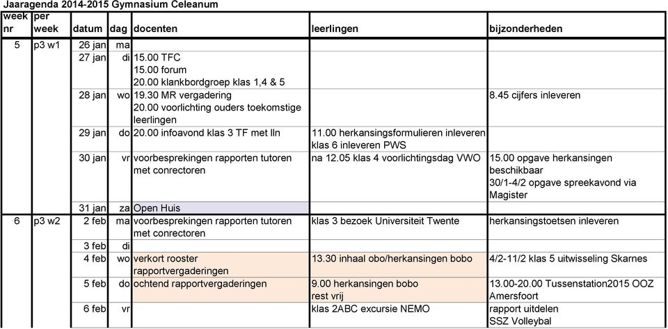 05 klas 4 voorlichtingsdag VWO 31 jan za Open Huis 6 p3 w2 2 feb ma voorbesprekingen rapporten tutoren met conrectoren klas 3 bezoek Universiteit Twente 3 feb di 4 feb wo verkort rooster