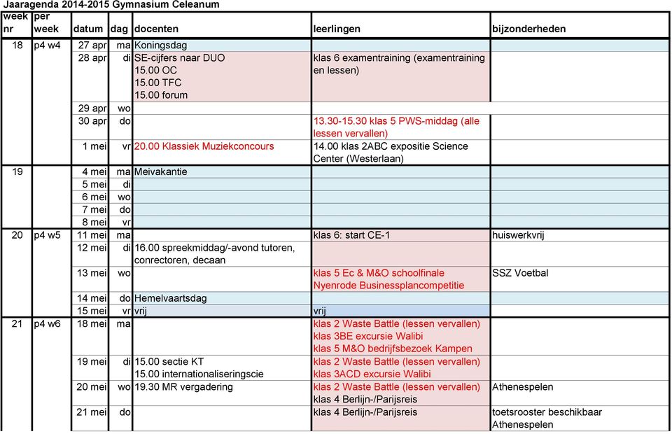 00 klas 2ABC expositie Science Center (Westerlaan) 19 4 mei ma Meivakantie 5 mei di 6 mei wo 7 mei do 8 mei vr 20 p4 w5 11 mei ma klas 6: start CE-1 huiswerkvrij 12 mei di 16.