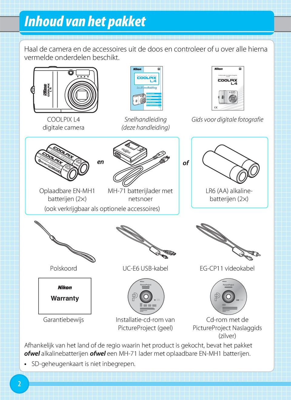 Nl Nl Snelhandleiding COOLPIX L4 digitale camera Snelhandleiding (deze handleiding) Gids voor digitale fotografie en of Oplaadbare EN-MH1 batterijen (2 ) MH-71 batterijlader met netsnoer (ook