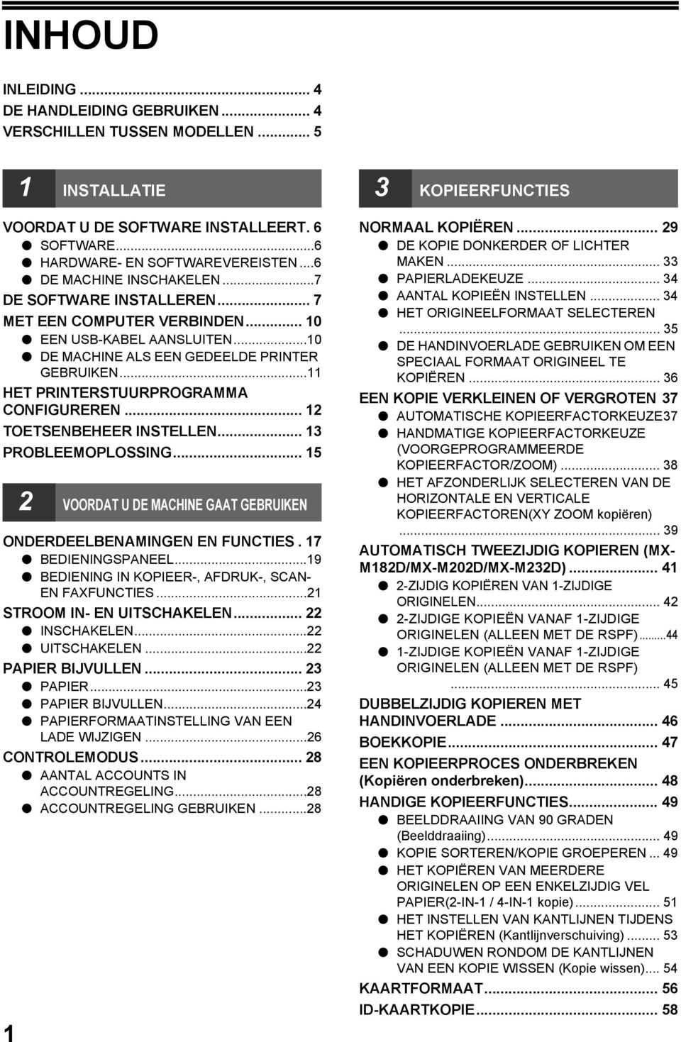 .. TOETSENBEHEER INSTELLEN... PROBLEEMOPLOSSING... 5 VOORDAT U DE MACHINE GAAT GEBRUIKEN ONDERDEELBENAMINGEN EN FUNCTIES. 7 BEDIENINGSPANEEL...9 BEDIENING IN KOPIEER-, AFDRUK-, SCAN- EN FAXFUNCTIES.