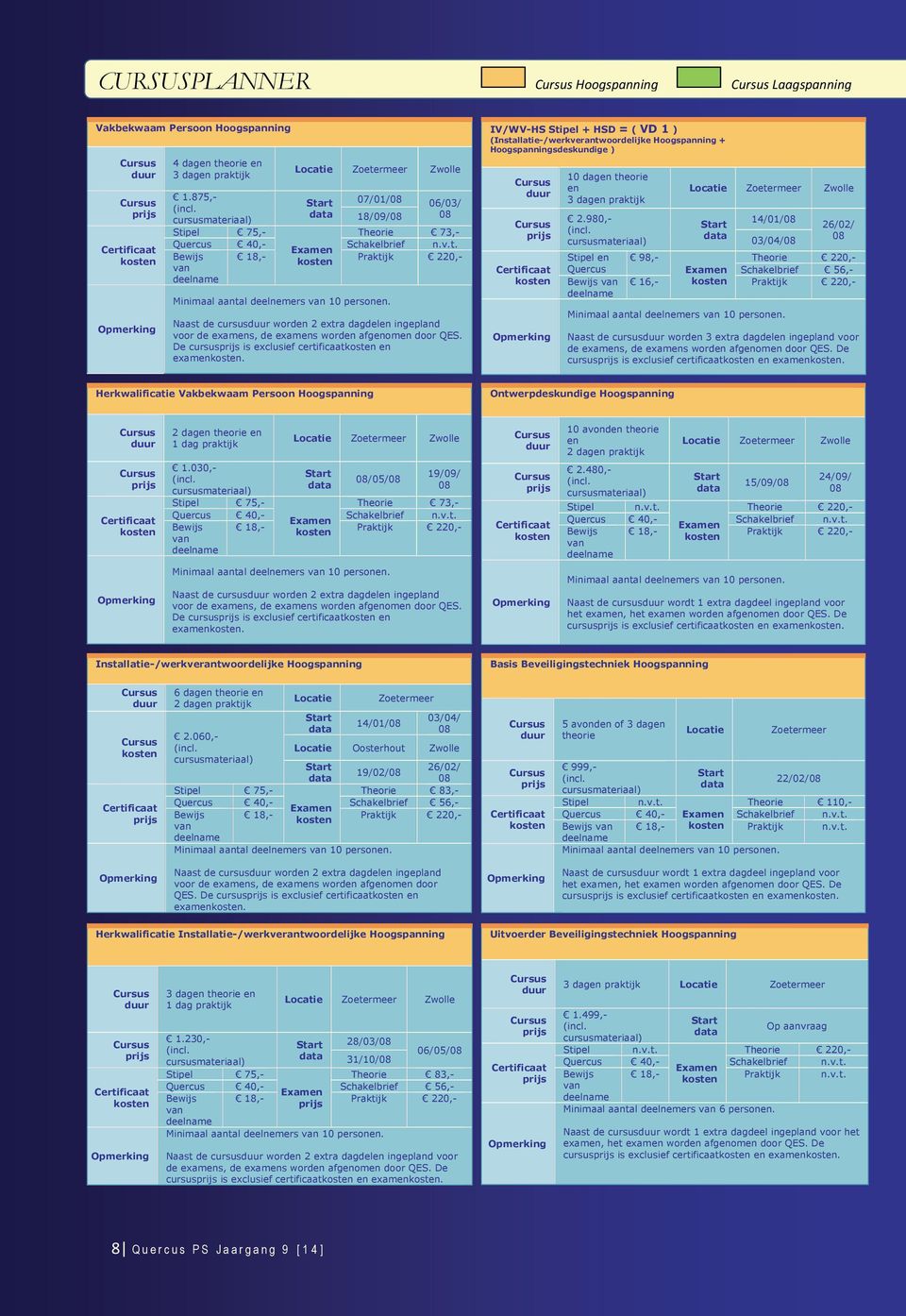 De cursus is exclusief certificaat en examen. IV/WV-HS Stipel + HSD = ( VD 1 ) (Installatie-/werkverantwrdelijke Hgspanning + Hgspanningsdeskundige ) 10 dagen therie en 3 dagen praktijk 2.