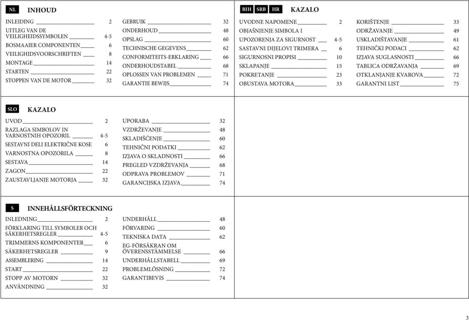 SIGURNOST 4-5 SASTAVNI DIJELOVI TRIMERA 6 SIGURNOSNI PROPISI 10 SKLAPANJE 15 POKRETANJE 23 OBUSTAVA MOTORA 33 KORIŠTENJE 33 ODRŽAVANJE 49 USKLADIŠTAVANJE 61 TEHNIČKI PODACI 62 IZJAVA SUGLASNOSTI 66