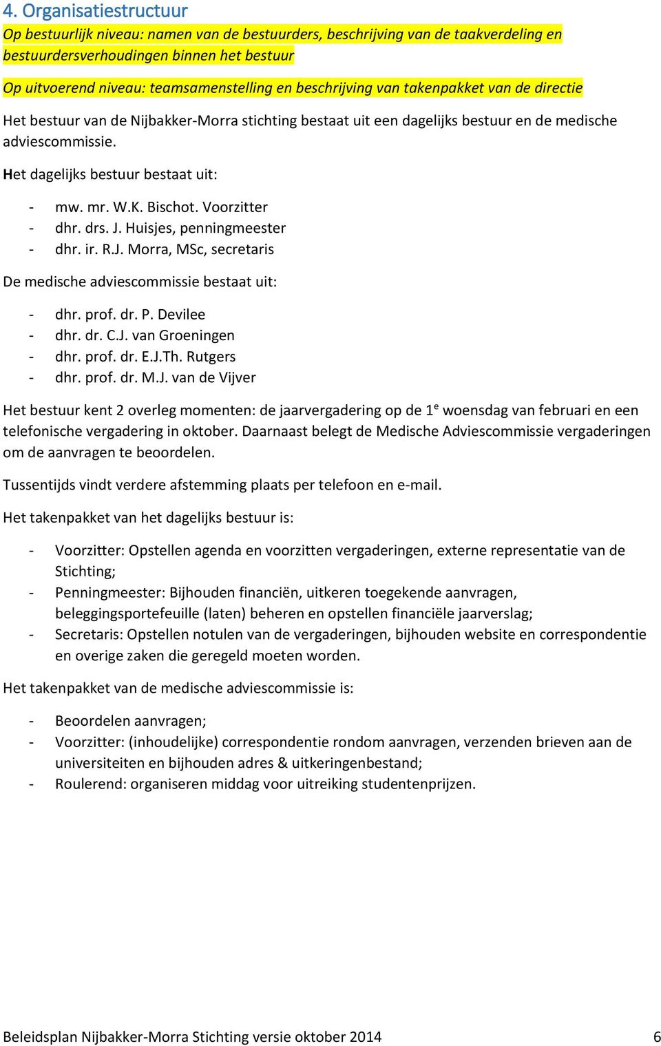 W.K. Bischot. Voorzitter - dhr. drs. J. Huisjes, penningmeester - dhr. ir. R.J. Morra, MSc, secretaris De medische adviescommissie bestaat uit: - dhr. prof. dr. P. Devilee - dhr. dr. C.J. van Groeningen - dhr.