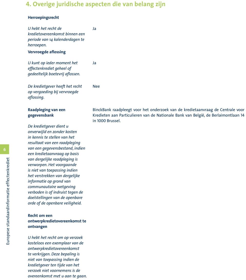 Nee 6 Raadpleging van een gegevensbank De kredietgever dient u onverwijld en zonder kosten in kennis te stellen van het resultaat van een raadpleging van een gegevensbestand, indien een