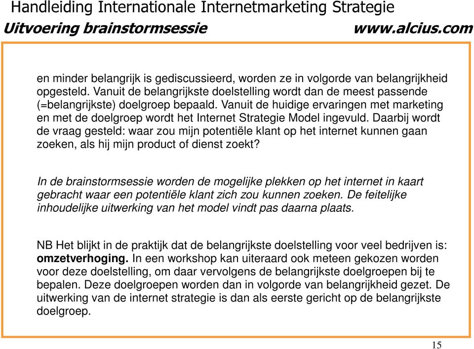 Vanuit de huidige ervaringen met marketing en met de doelgroep wordt het Internet Strategie Model ingevuld.