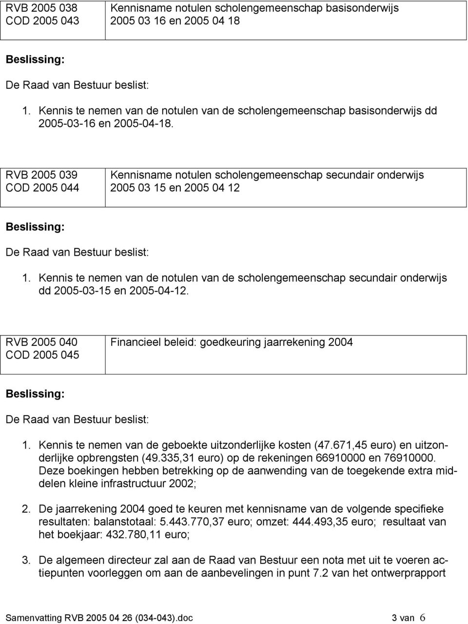 RVB 2005 039 COD 2005 044 Kennisname notulen scholengemeenschap secundair onderwijs 2005 03 15 en 2005 04 12 1.