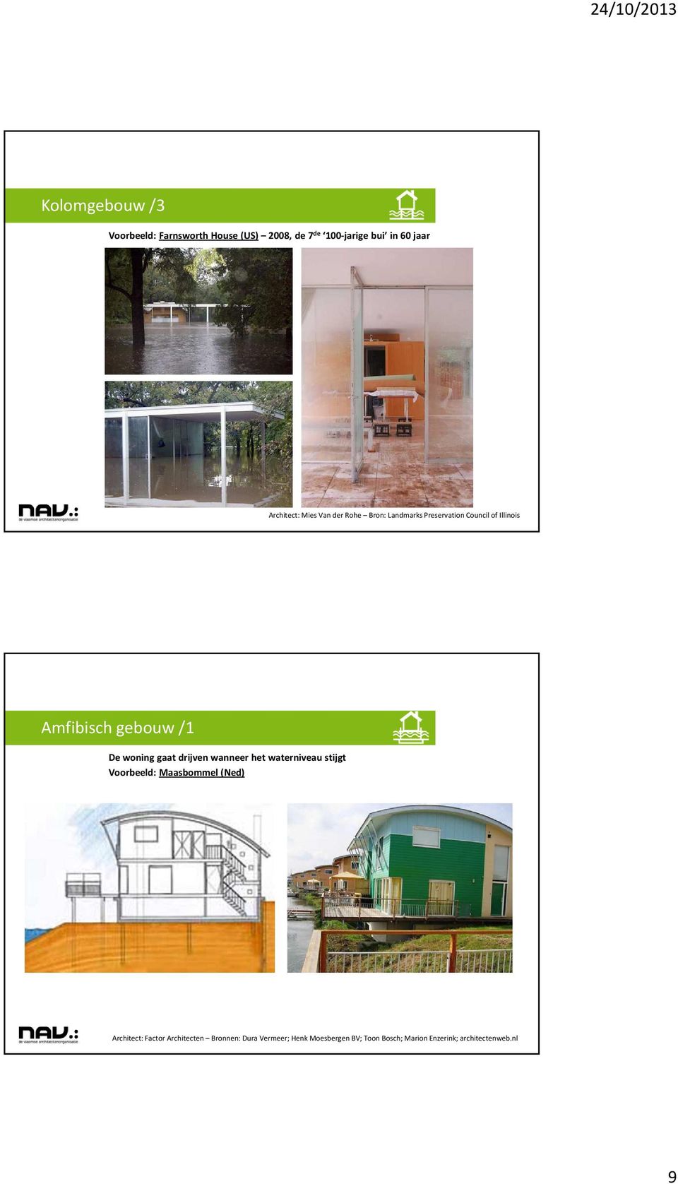 /1 De woning gaat drijven wanneer het waterniveau stijgt Voorbeeld: Maasbommel (Ned) Architect: