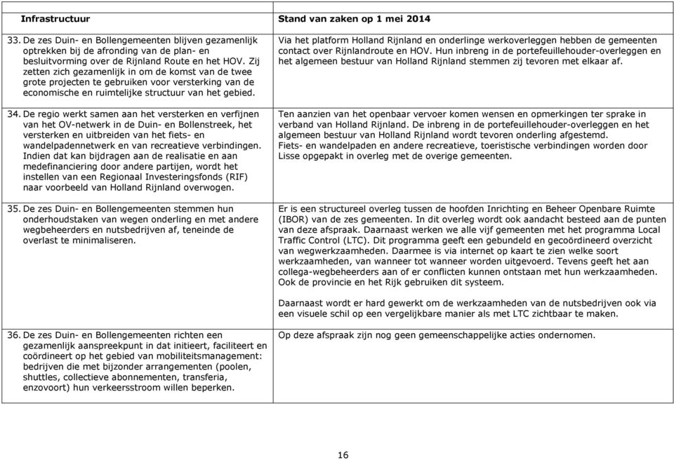 De regio werkt samen aan het versterken en verfijnen van het OV-netwerk in de Duin- en Bollenstreek, het versterken en uitbreiden van het fiets- en wandelpadennetwerk en van recreatieve verbindingen.