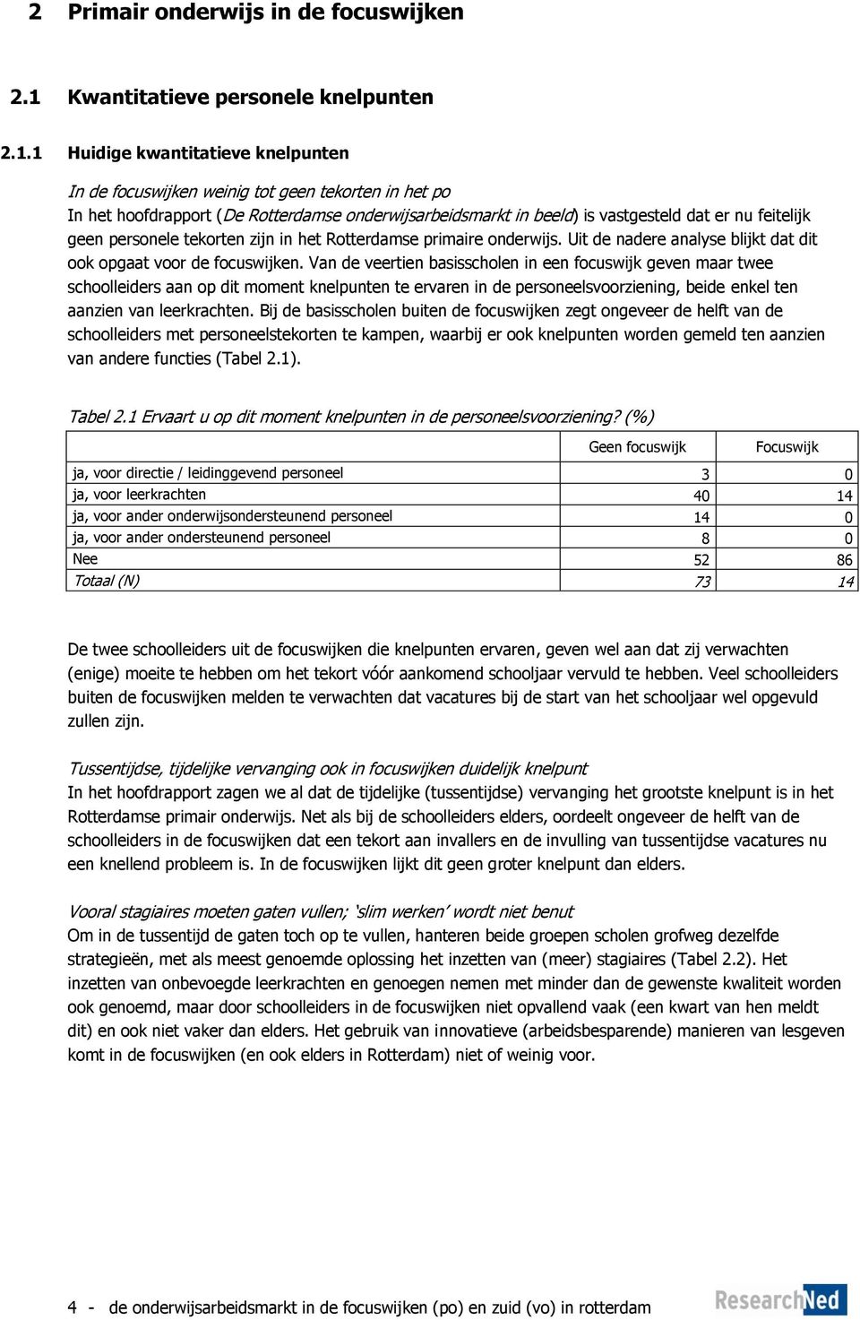 1 Huidige kwantitatieve knelpunten In de focuswijken weinig tot geen tekorten in het po In het hoofdrapport (De Rotterdamse onderwijsarbeidsmarkt in beeld) is vastgesteld dat er nu feitelijk geen