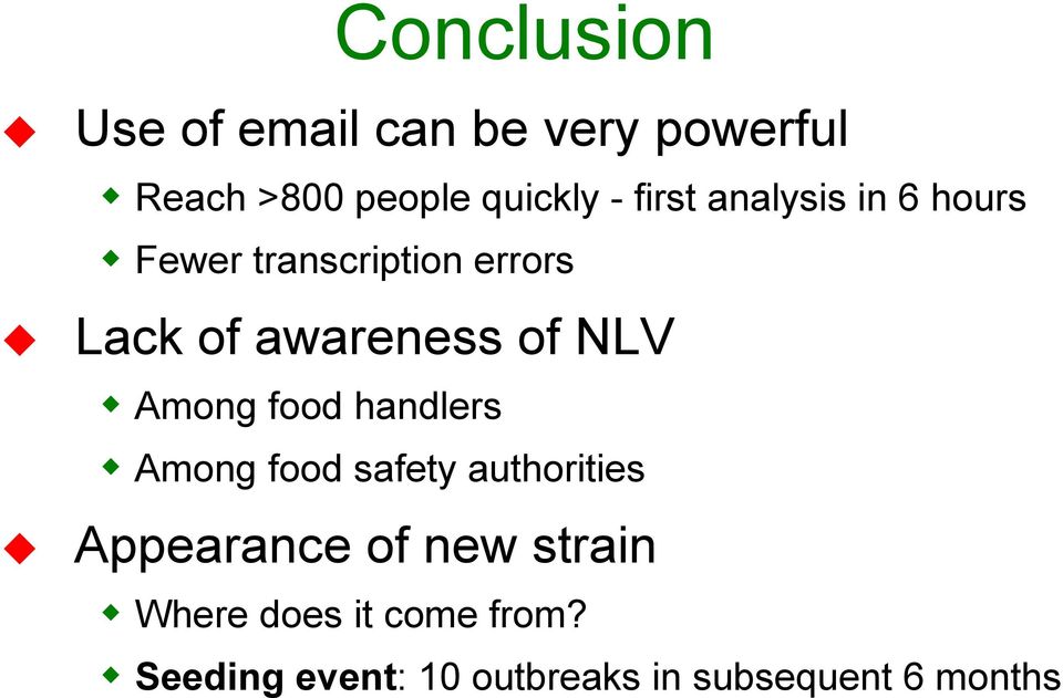 NLV Among food handlers Among food safety authorities Appearance of new