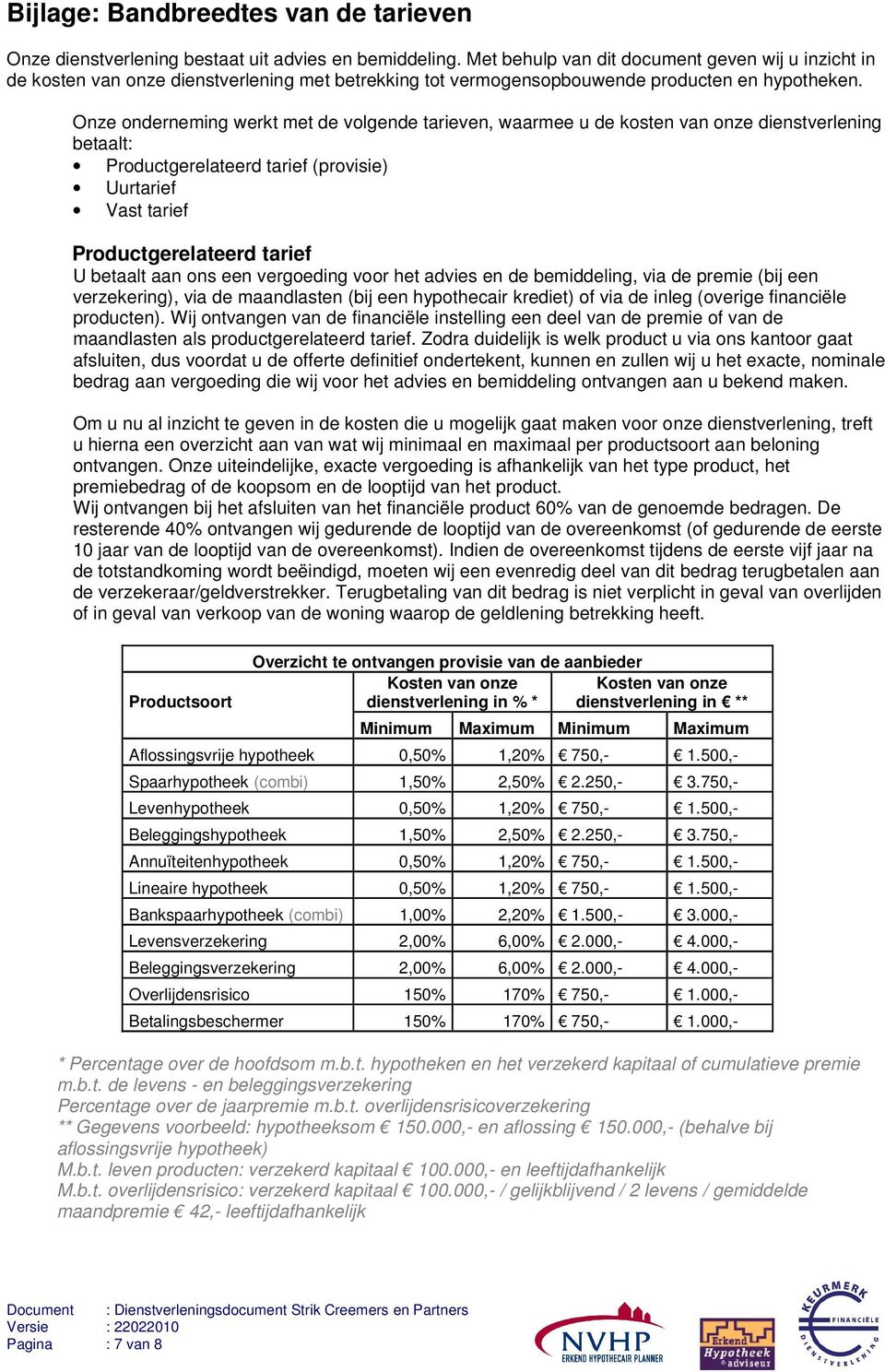 Onze onderneming werkt met de volgende tarieven, waarmee u de kosten van onze dienstverlening betaalt: Productgerelateerd tarief (provisie) Uurtarief Vast tarief Productgerelateerd tarief U betaalt