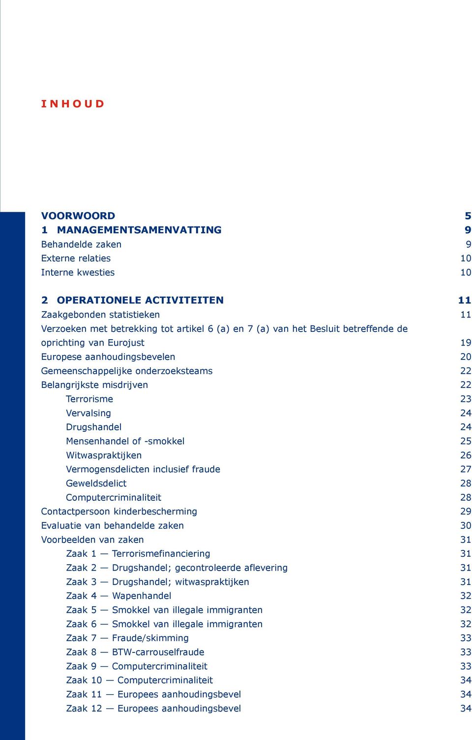 Vervalsing 24 Drugshandel 24 Mensenhandel of -smokkel 25 Witwaspraktijken 26 Vermogensdelicten inclusief fraude 27 Geweldsdelict 28 Computercriminaliteit 28 Contactpersoon kinderbescherming 29